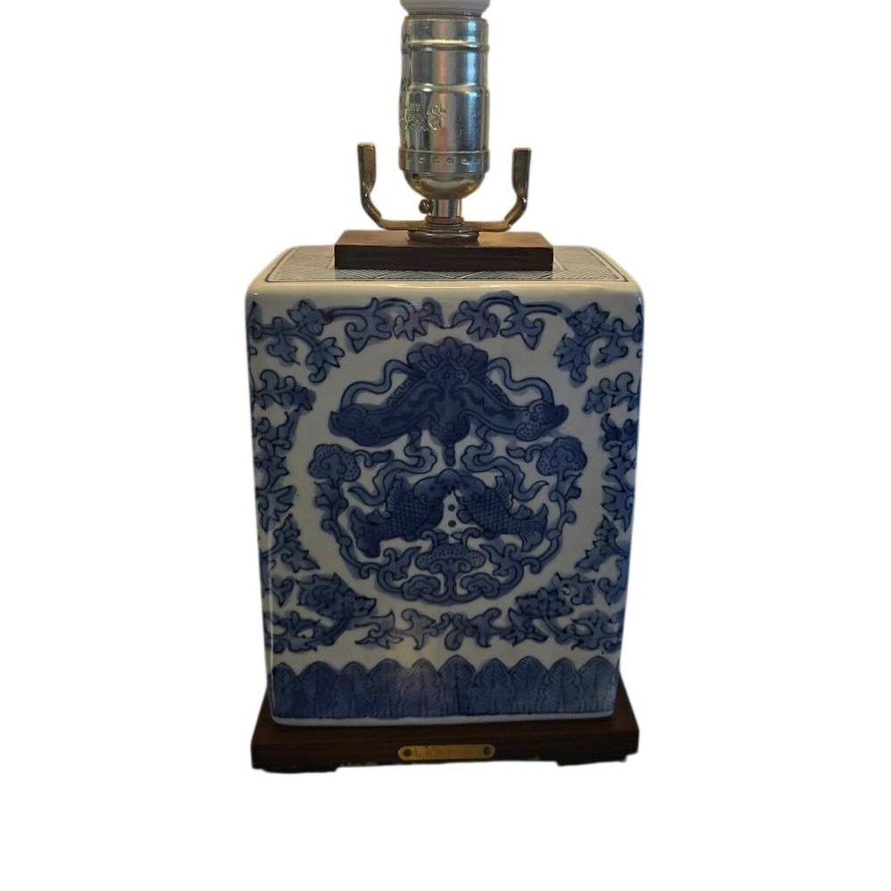 Lauren Ralph Lauren Blue & White Porcelain Two-Fish Chinoiserie Table Lamp/Vase